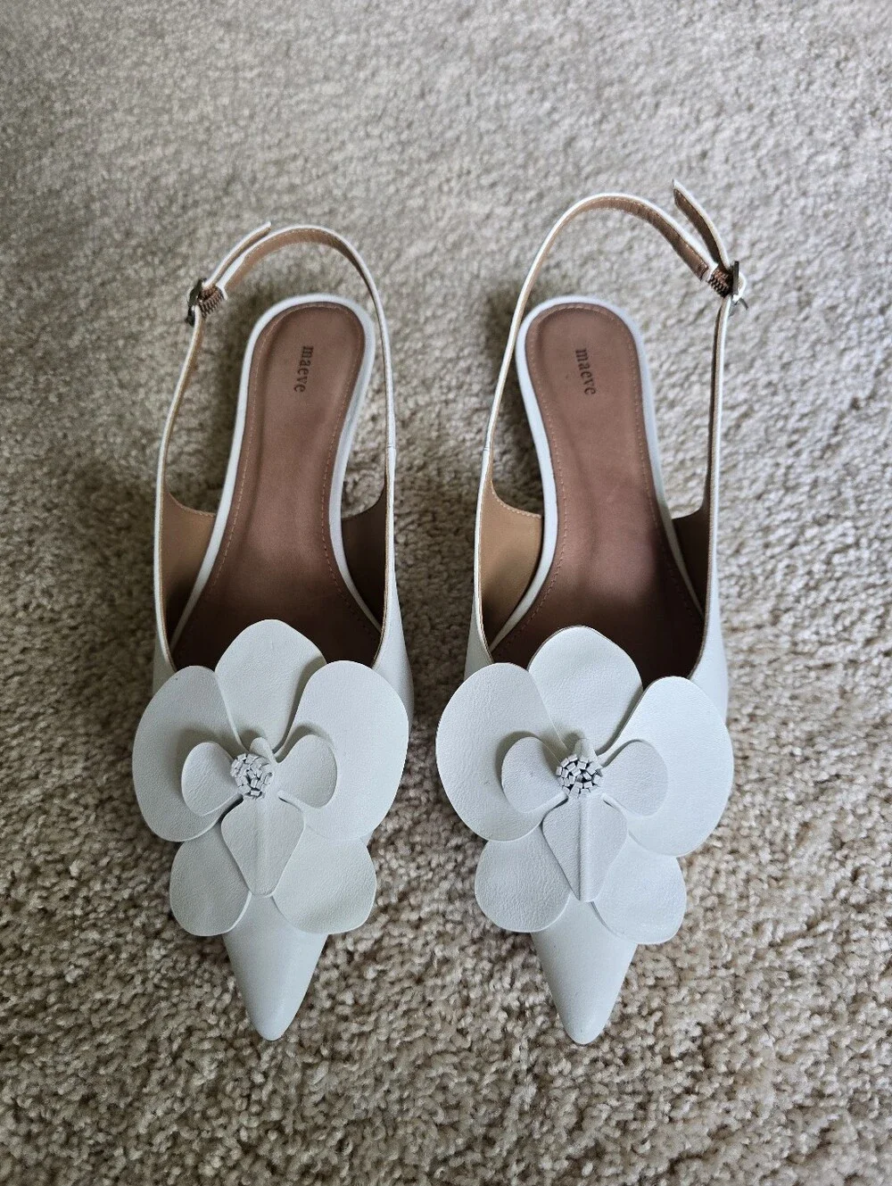 Anthropologie Maeve Floral Orchid Flower Slingback Heels Size 37 6.5 White Shoes